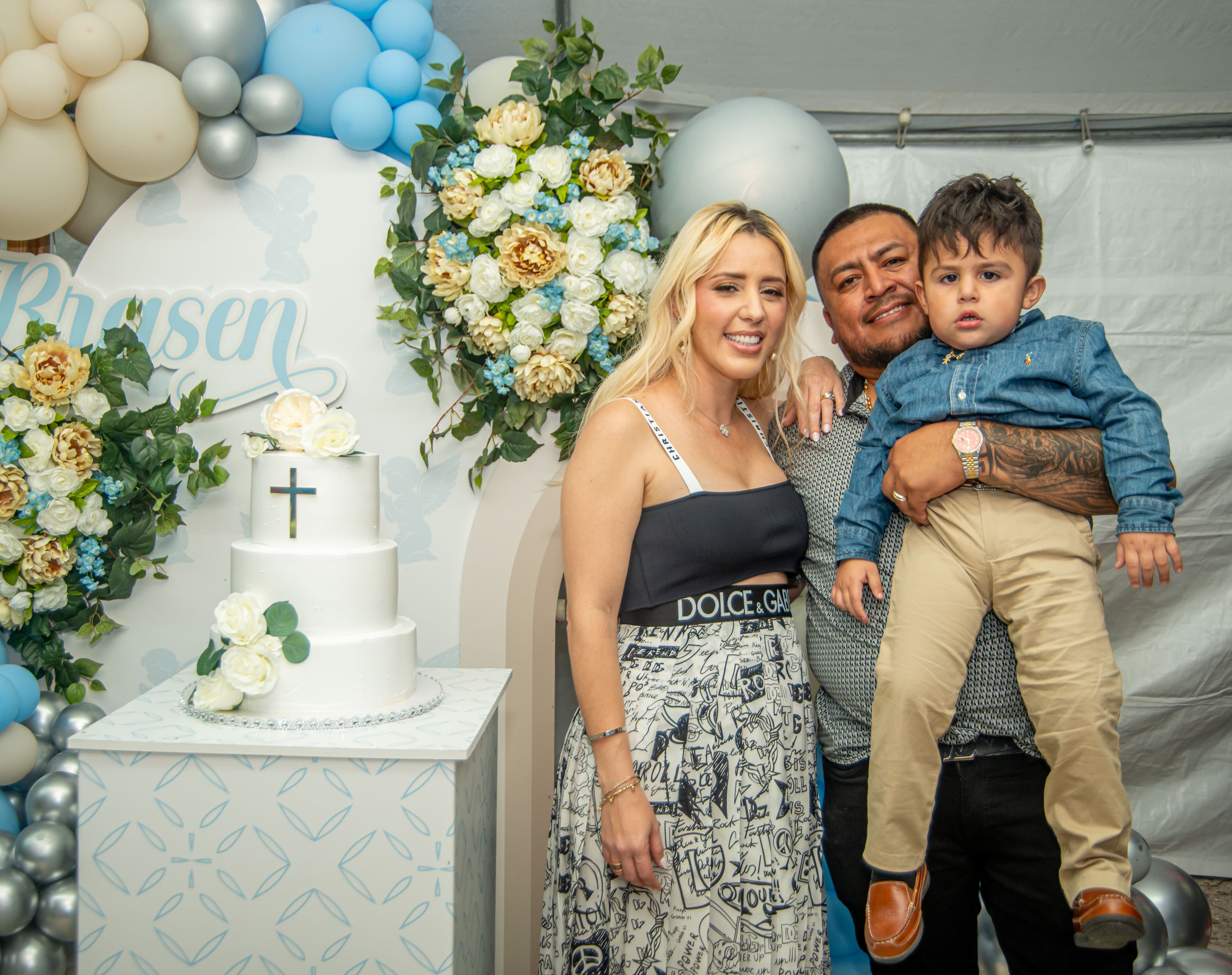 Family portrait beside the christening cake, Cape Coral, Fort Myers, Bonita Springs and Naples