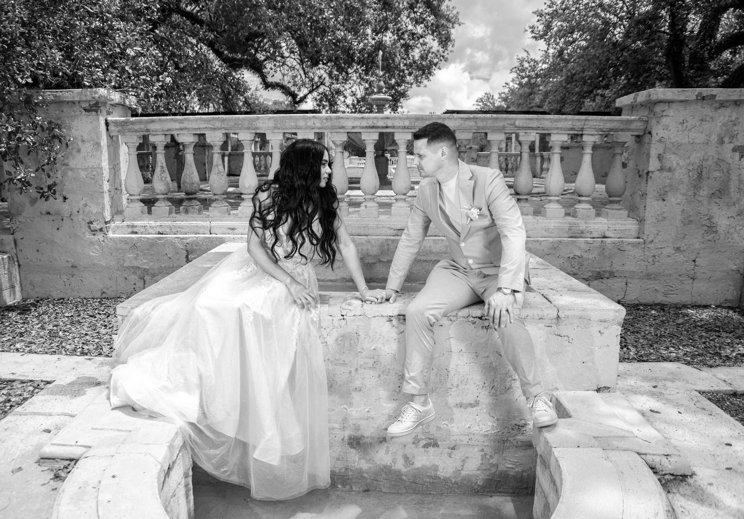 Bride and groom black and white portrait, intimate moment