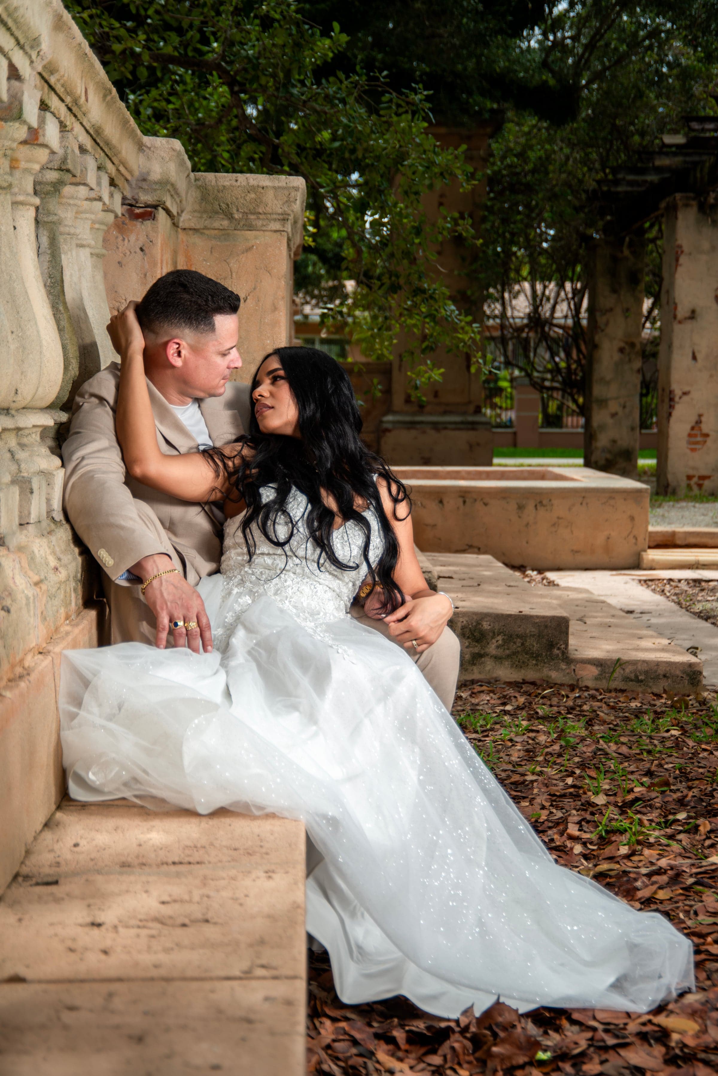 Couple at stone steps, outdoor wedding venue SWFL