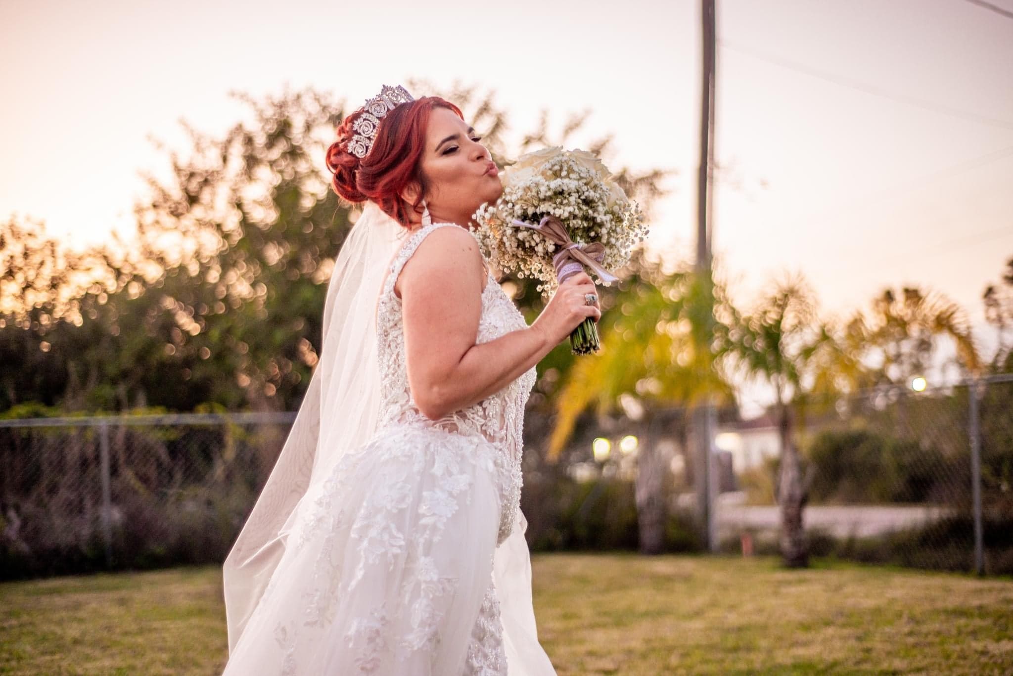 Bride with bouquet at golden hour, SWFL wedding